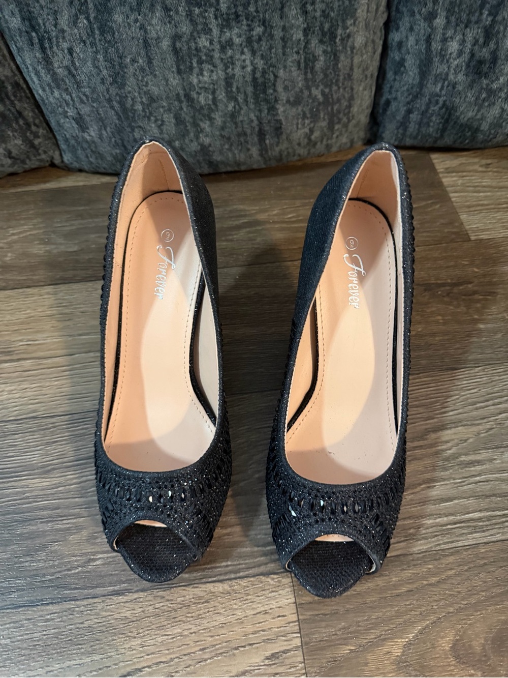 Forever Black Peep-Toe Evening Pumps
